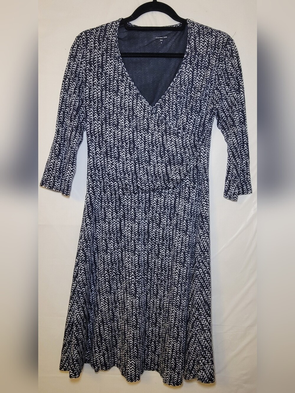 Garnet Hill Navy & White Chevron-Style V-Neck Long Sleeve Dress